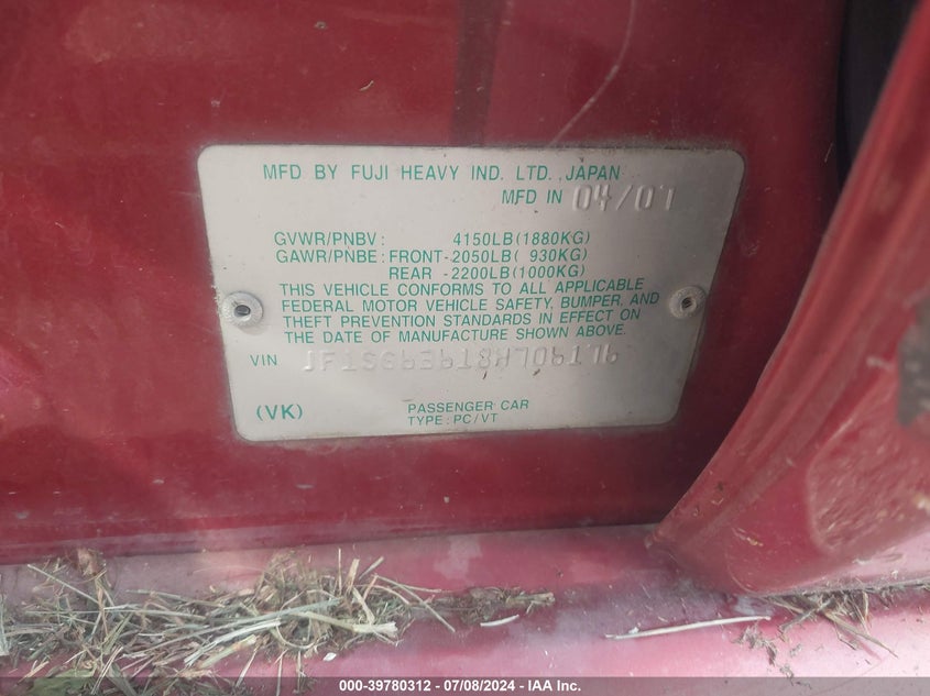 2008 Subaru Forester 2.5X VIN: JF1SG63618H706176 Lot: 39780312