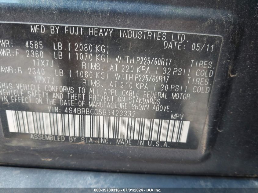 2011 Subaru Outback 2.5I Premium VIN: 4S4BRBCC5B3423332 Lot: 39780316