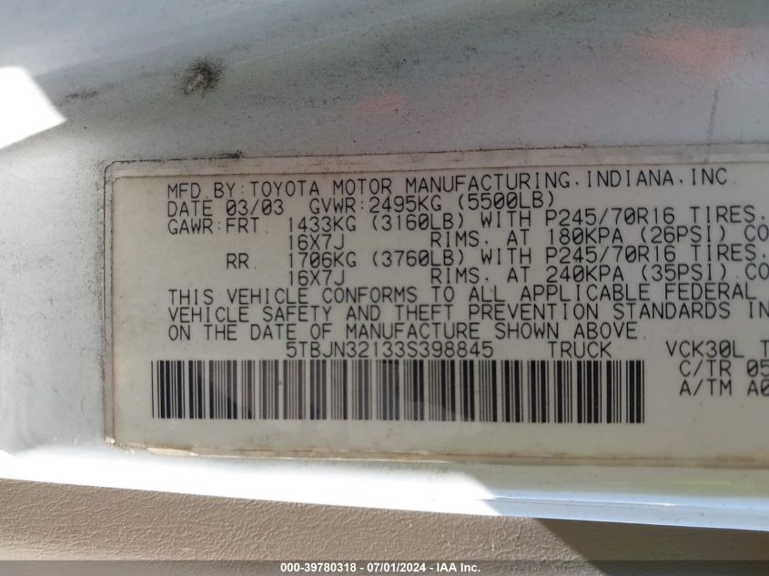 2003 Toyota Tundra VIN: 5TBJN32133S398845 Lot: 39780318