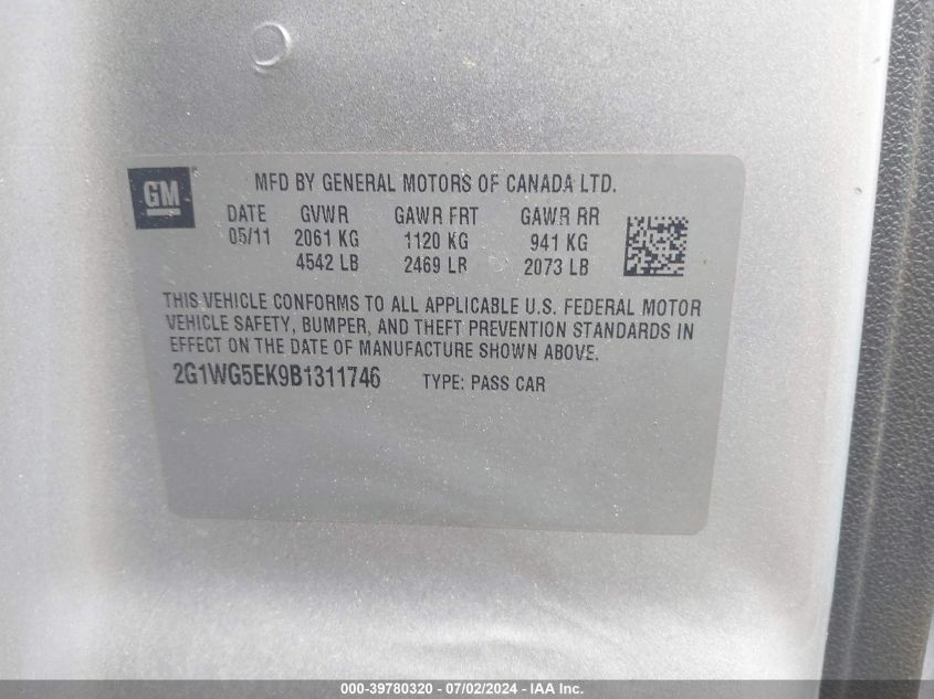 2011 Chevrolet Impala Lt VIN: 2G1WG5EK9B1311746 Lot: 39780320