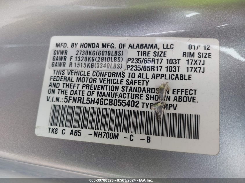 2012 Honda Odyssey Ex VIN: 5FNRL5H46CB055402 Lot: 39780323
