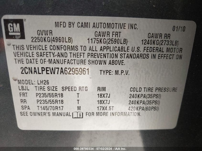 2010 Chevrolet Equinox Lt VIN: 2CNALPEW7A6295961 Lot: 39780334