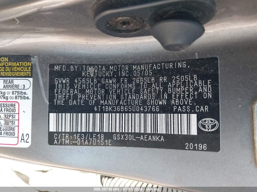 2005 Toyota Avalon Touring VIN: 4T1BK36B65U043766 Lot: 39780345