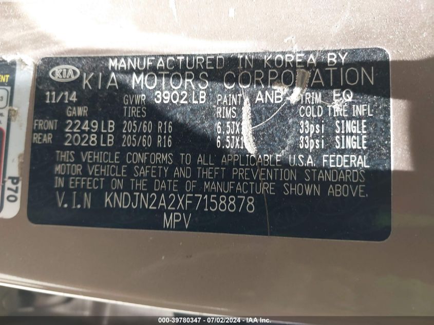 2015 Kia Soul VIN: KNDJN2A2XF7158878 Lot: 39780347