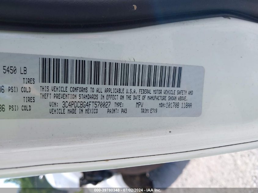 2015 Dodge Journey Sxt VIN: 3C4PDCBG4FT570027 Lot: 39780348