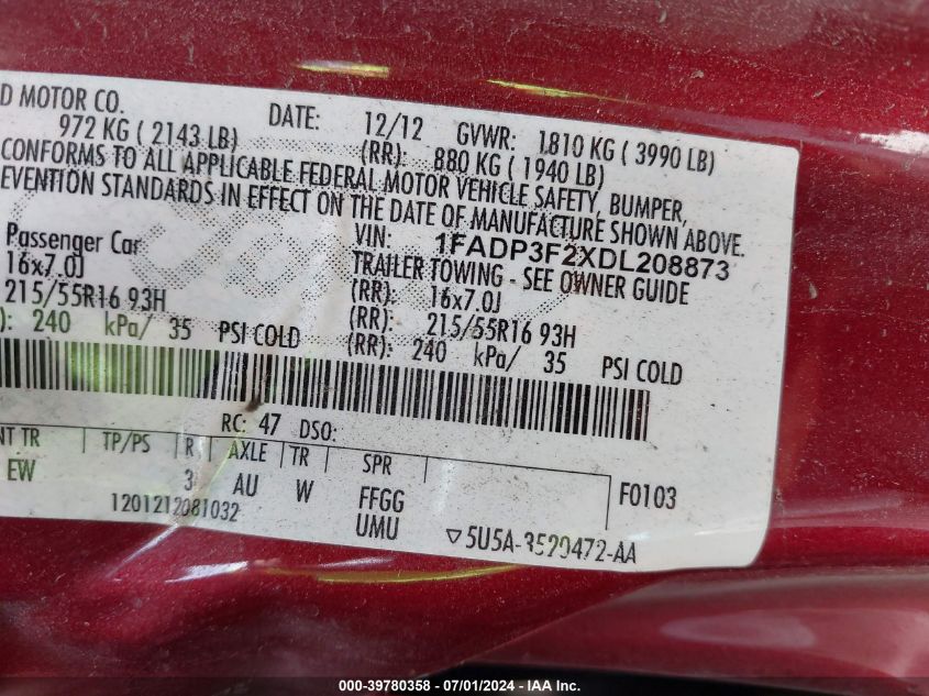 2013 Ford Focus Se VIN: 1FADP3F2XDL208873 Lot: 39780358