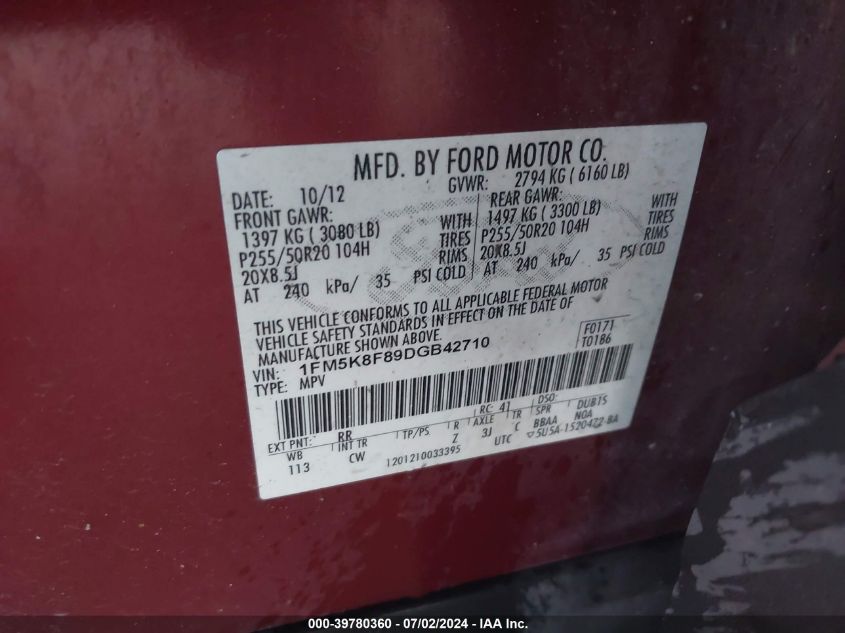 2013 Ford Explorer Limited VIN: 1FM5K8F89DGB42710 Lot: 39780360