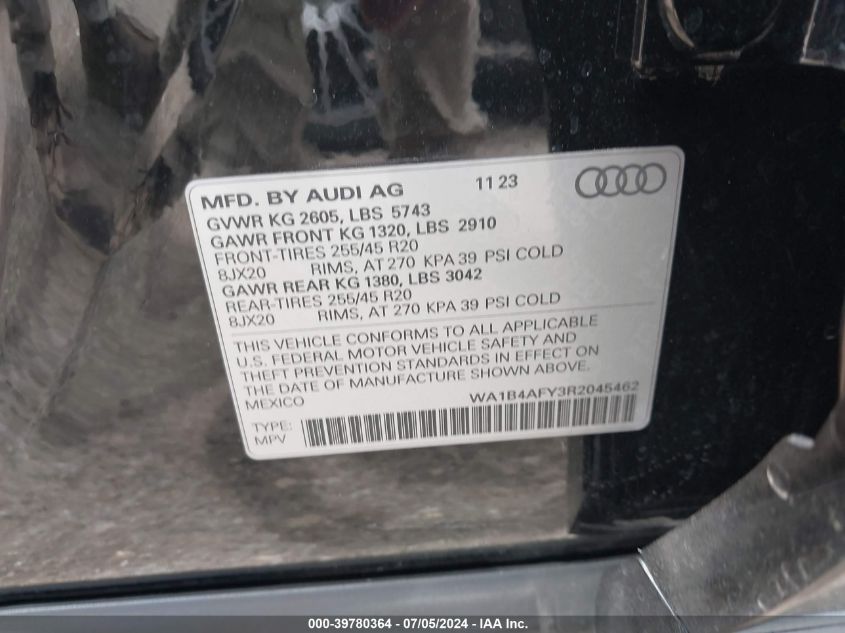 2024 Audi Sq5 Premium Plus Tfsi Quattro Tiptronic VIN: WA1B4AFY3R2045462 Lot: 39780364