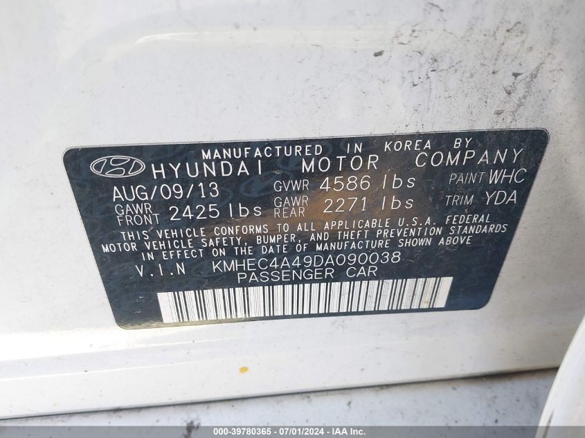 2013 Hyundai Sonata Hybrid Limited VIN: KMHEC4A49DA090038 Lot: 39780365