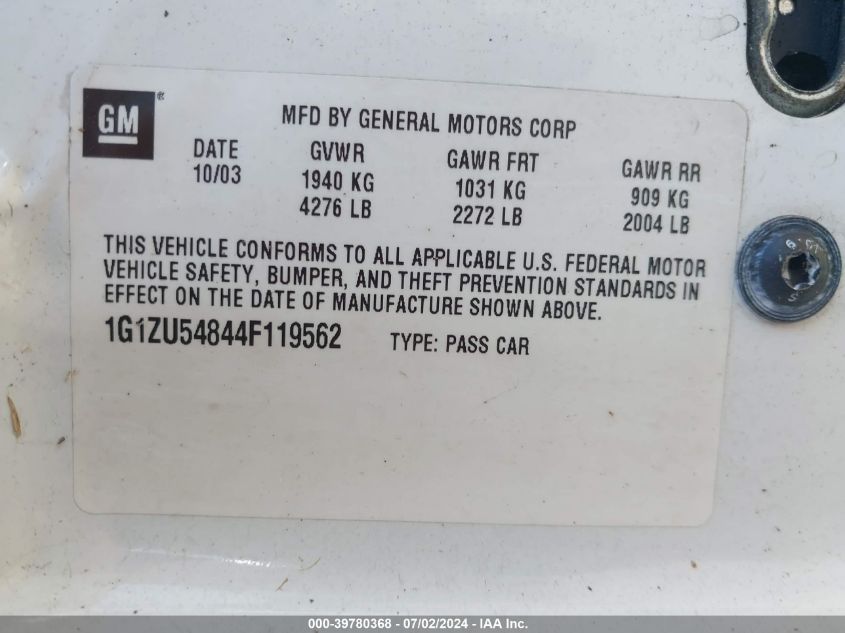 2004 Chevrolet Malibu Lt VIN: 1G1ZU54844F119562 Lot: 39780368
