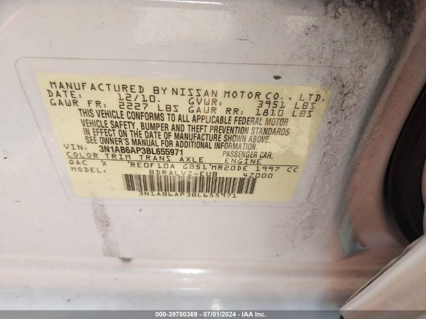 2011 Nissan Sentra 2.0Sl VIN: 3N1AB6AP3BL655971 Lot: 39780369