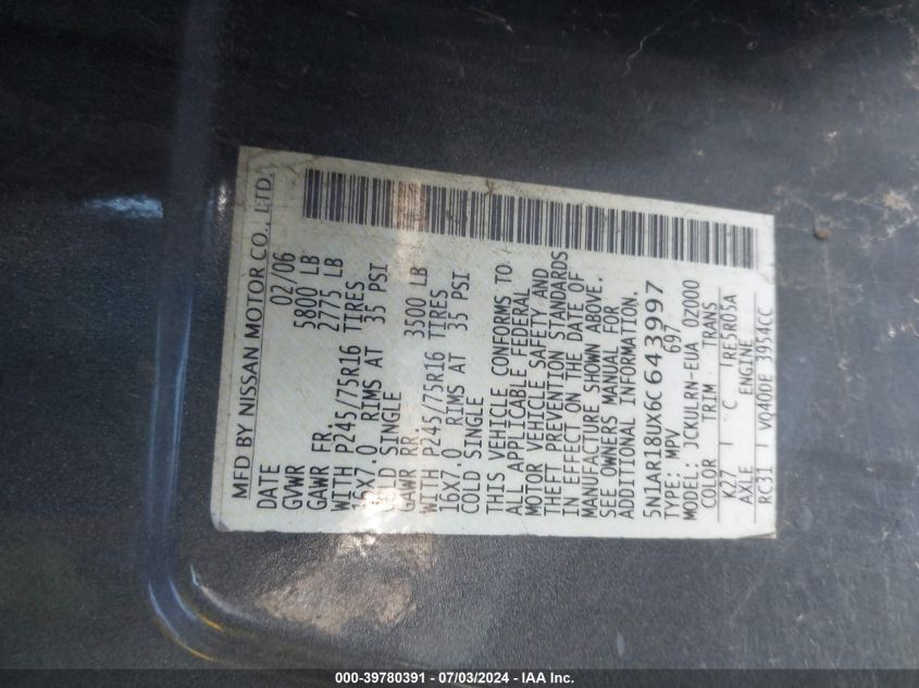 2006 Nissan Pathfinder Le/Se/Xe VIN: 5N1AR18UX6C643997 Lot: 39780391