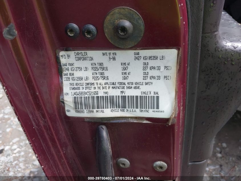 1999 Jeep Grand Cherokee Laredo VIN: 1J4GW58S9XC521656 Lot: 39780403