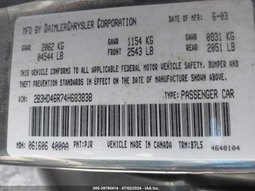 2004 Dodge Intrepid Se VIN: 2B3HD46R74H683838 Lot: 39780414