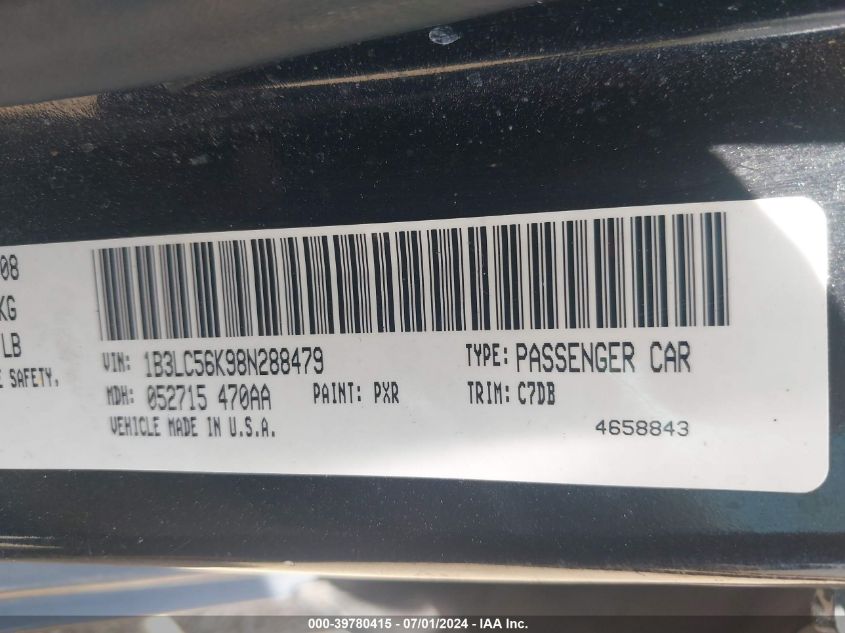 2008 Dodge Avenger Sxt VIN: 1B3LC56K98N288479 Lot: 39780415