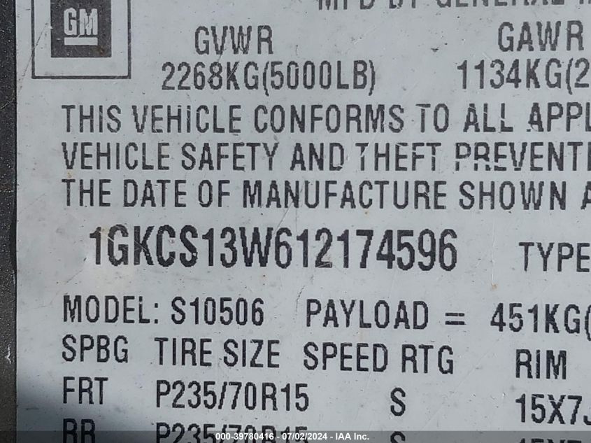 2001 GMC Jimmy Sle VIN: 1GKCS13W612174596 Lot: 39780416