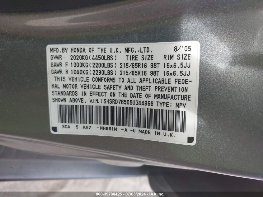 2005 Honda Cr-V Lx VIN: SHSRD78505U344966 Lot: 39780425
