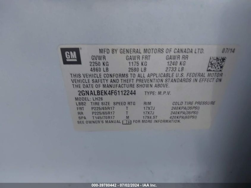 2015 Chevrolet Equinox 1Lt VIN: 2GNALBEK4F6112244 Lot: 39780442