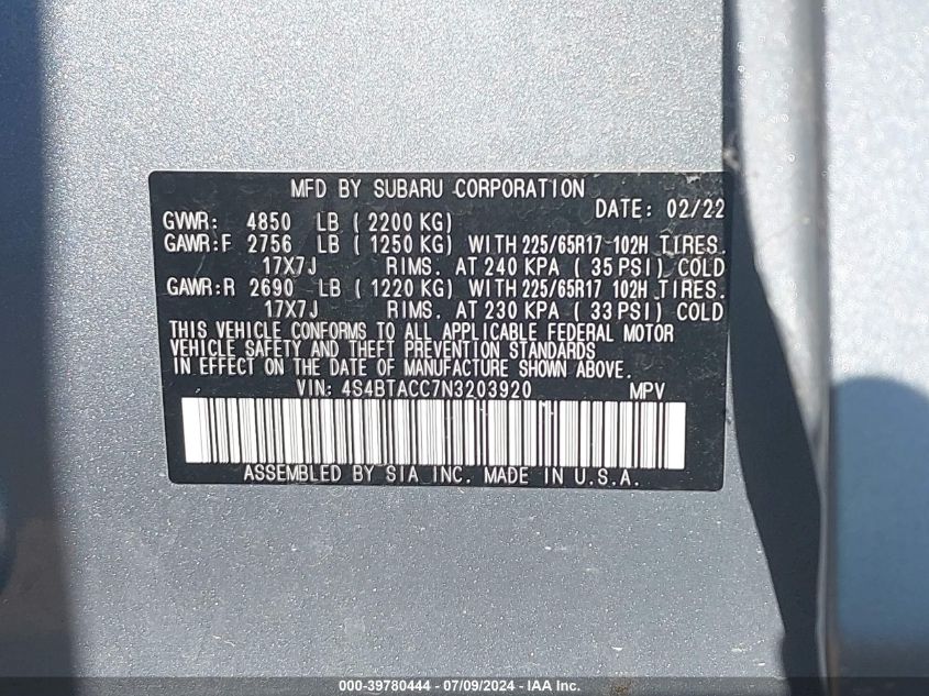 2022 Subaru Outback Premium VIN: 4S4BTACC7N3203920 Lot: 39780444