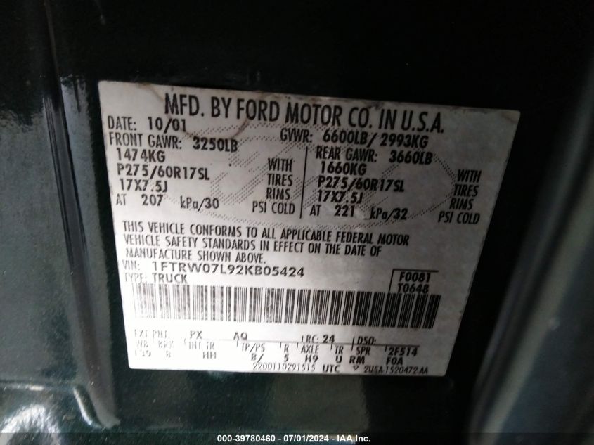 2002 Ford F-150 Lariat/Xlt VIN: 1FTRW07L92KB05424 Lot: 39780460