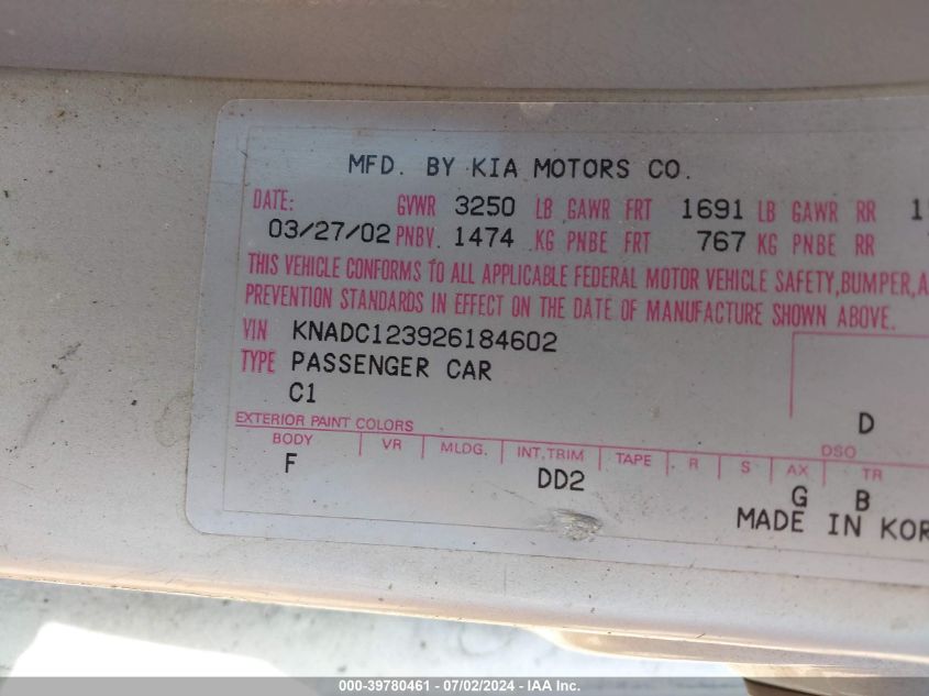 2002 Kia Rio VIN: KNADC123926184602 Lot: 39780461