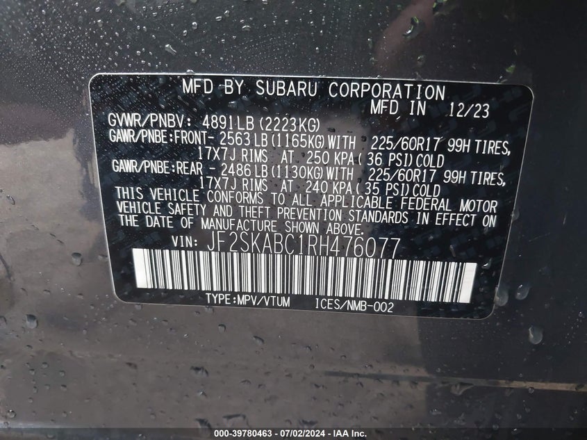 2024 Subaru Forester VIN: JF2SKABC1RH476077 Lot: 39780463