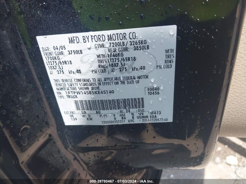 2005 Ford F-150 Fx4/Lariat/Xlt VIN: 1FTPW14585KE45140 Lot: 39780467