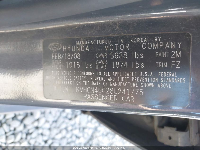 2008 Hyundai Accent Gls VIN: KMHCN46C28U241775 Lot: 39780470