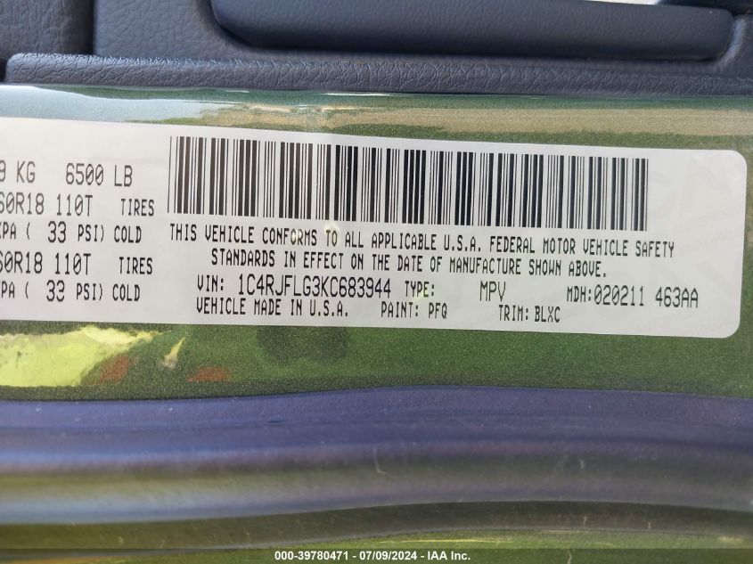 2019 Jeep Grand Cherokee Trailhawk 4X4 VIN: 1C4RJFLG3KC683944 Lot: 39780471