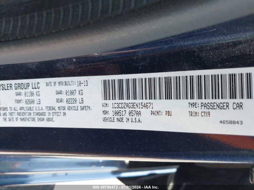 2014 Dodge Avenger Se VIN: 1C3CDZAG3EN154671 Lot: 39780473