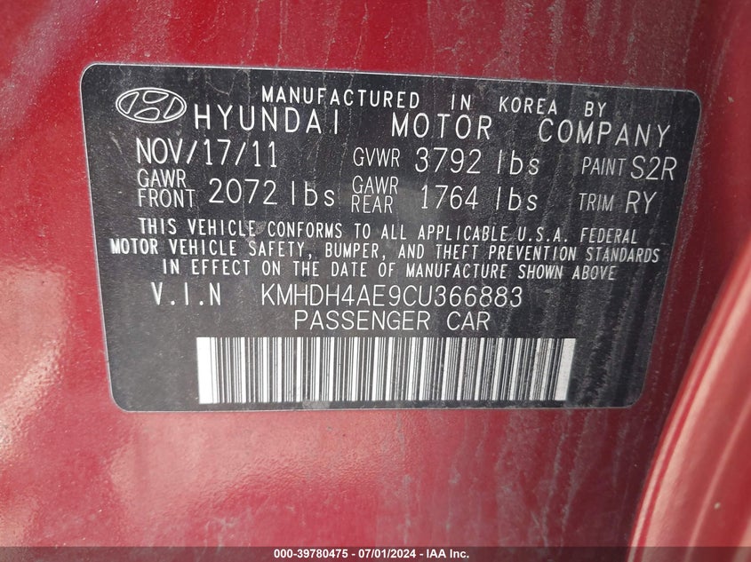 2012 Hyundai Elantra Limited (Ulsan Plant) VIN: KMHDH4AE9CU366883 Lot: 39780475