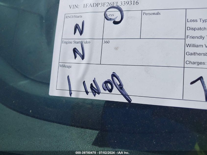 2014 Ford Focus Se VIN: 1FADP3F26EL339316 Lot: 39780478