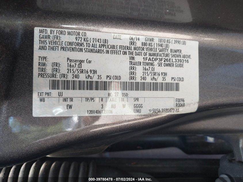 1FADP3F26EL339316 | 2014 FORD FOCUS