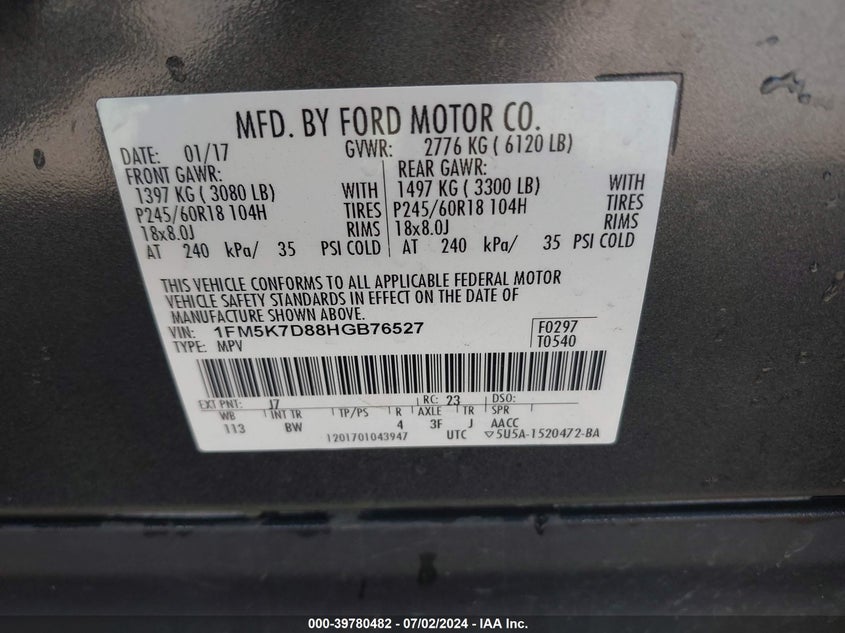 2017 FORD EXPLORER XLT - 1FM5K7D88HGB76527