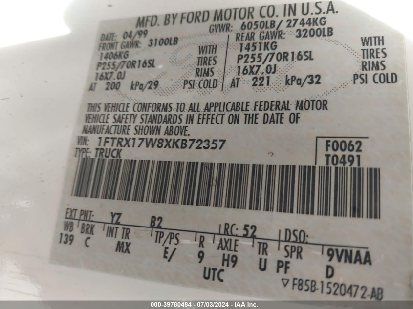 1999 Ford F-150 Lariat/Work Series/Xl/Xlt VIN: 1FTRX17W8XKB72357 Lot: 39780484