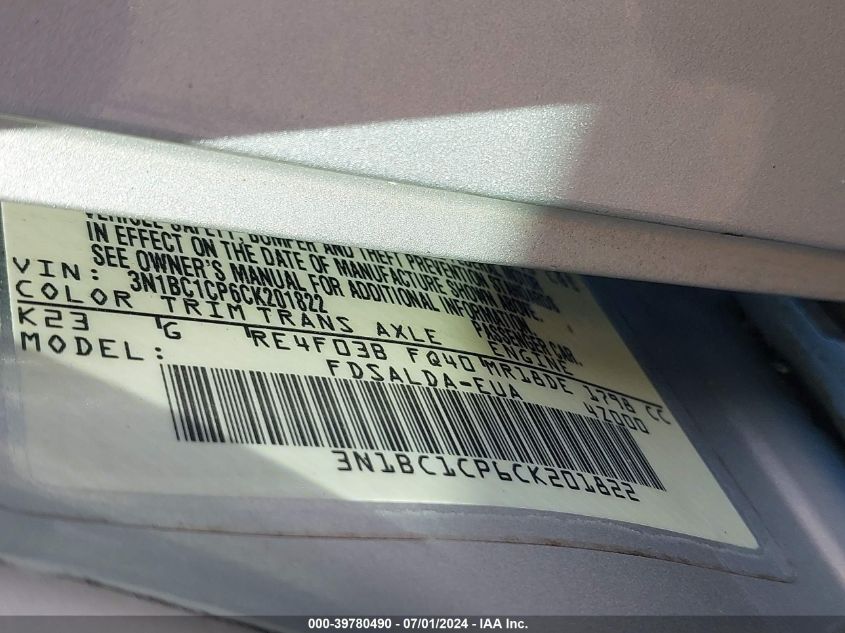 2012 Nissan Versa 1.8 S VIN: 3N1BC1CP6CK201822 Lot: 39780490