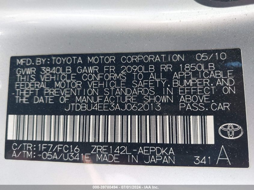 2010 Toyota Corolla Le VIN: JTDBU4EE3AJ062013 Lot: 39780494