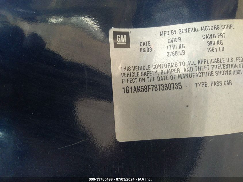 2008 Chevrolet Cobalt Ls VIN: 1G1AK58F787330735 Lot: 39780499
