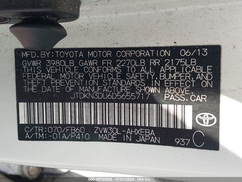 2013 Toyota Prius Two VIN: JTDKN3DU6D5655717 Lot: 39780508