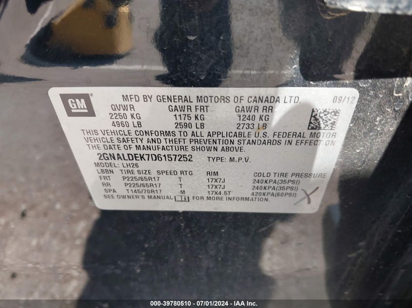 2013 Chevrolet Equinox 1Lt VIN: 2GNALDEK7D6157252 Lot: 39780510