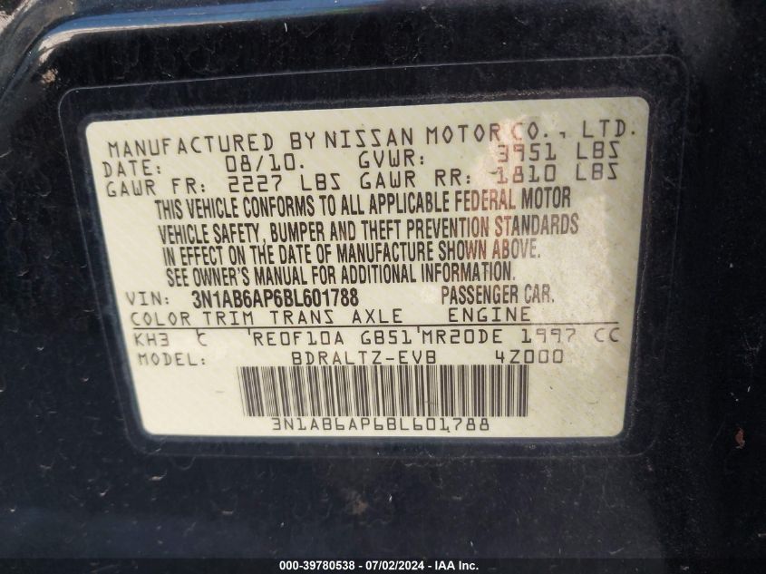 2011 Nissan Sentra 2.0S VIN: 3N1AB6AP6BL601788 Lot: 39780538