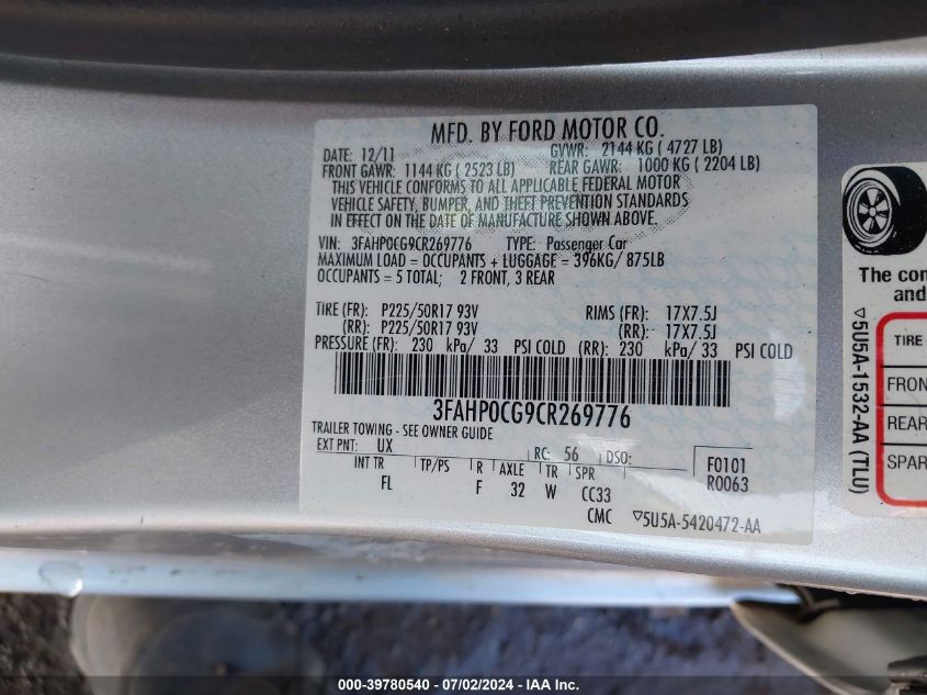 2012 Ford Fusion Sel VIN: 3FAHP0CG9CR269776 Lot: 39780540