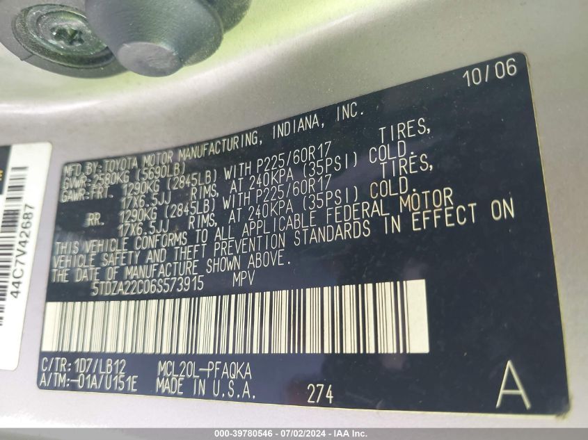 2006 Toyota Sienna Xle VIN: 5TDZA22C06S573915 Lot: 39780546