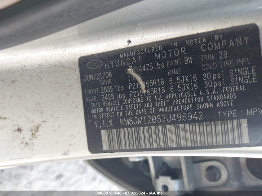 2007 Hyundai Tucson Gls VIN: KM8JM12B37U496942 Lot: 39780548