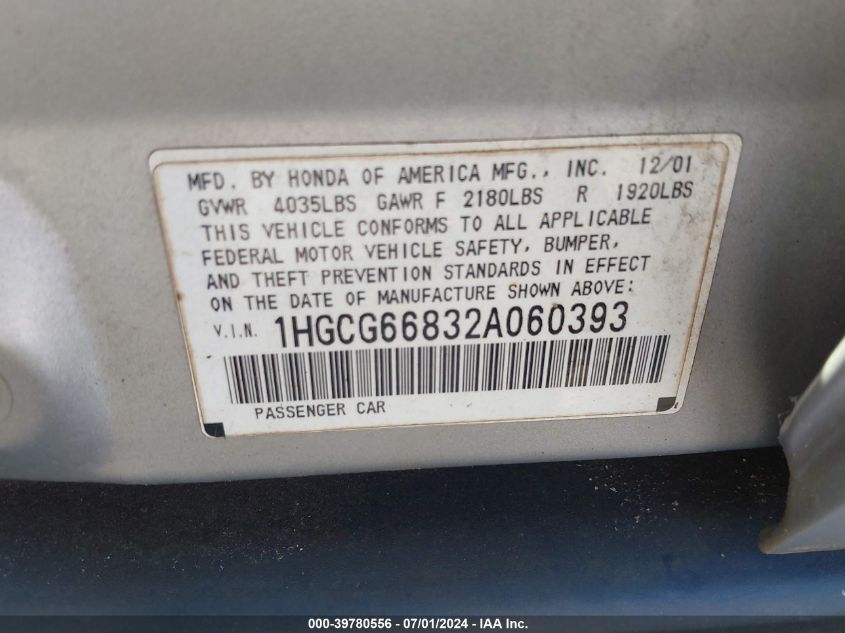 1HGCG66832A060393 | 2002 HONDA ACCORD