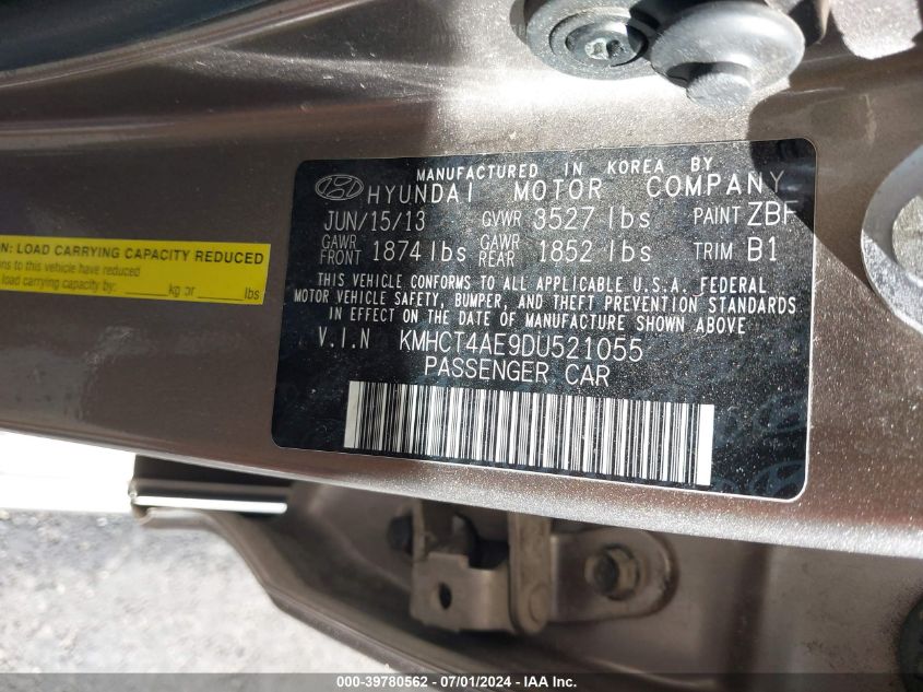 2013 Hyundai Accent Gls VIN: KMHCT4AE9DU521055 Lot: 39780562
