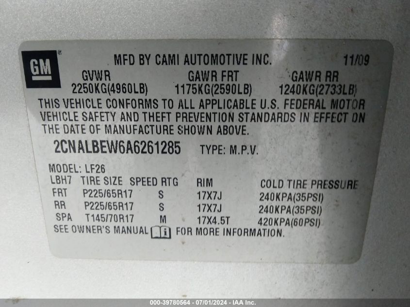 2010 Chevrolet Equinox Ls VIN: 2CNALBEW6A6261285 Lot: 39780564