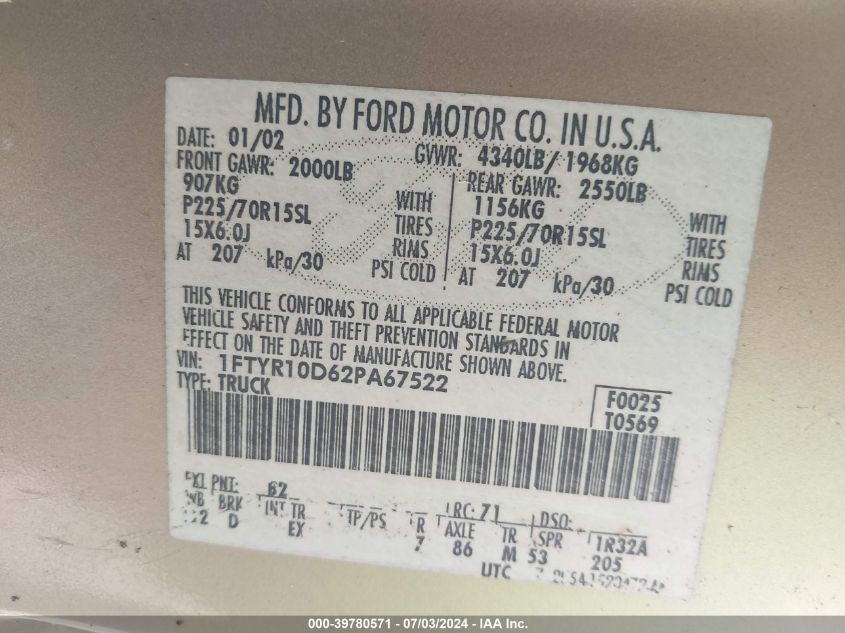 2002 Ford Ranger Xl/Xlt VIN: 1FTYR10D62PA67522 Lot: 39780571