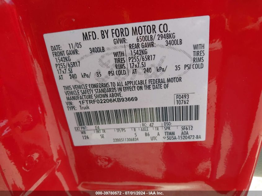 2006 Ford F-150 Stx/Xlt VIN: 1FTRF02206KB93669 Lot: 39780572