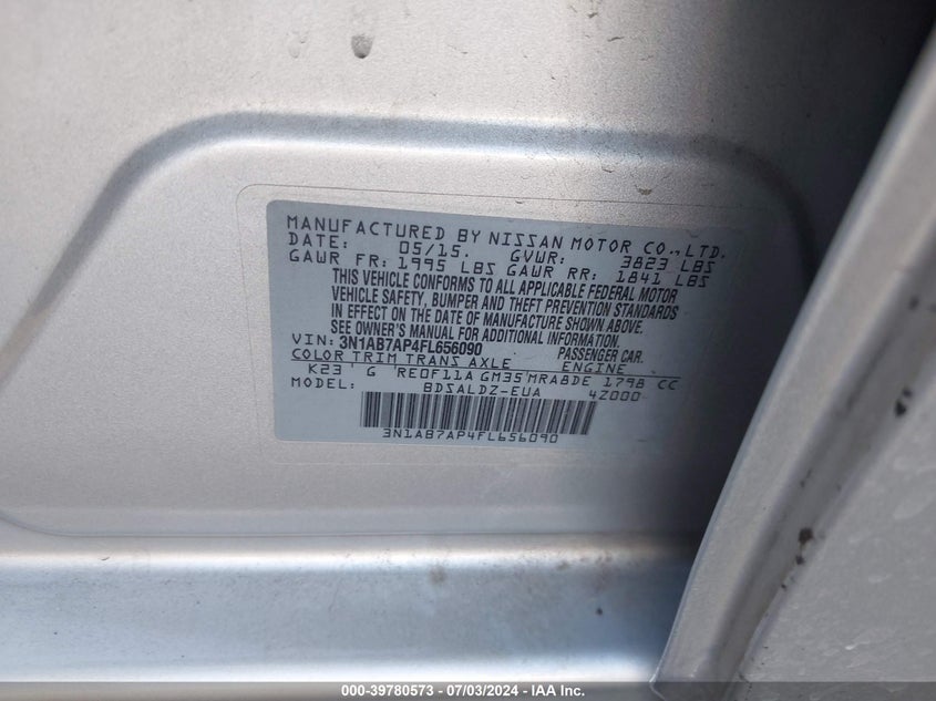 2015 Nissan Sentra S/Sv/Sr/Sl VIN: 3N1AB7AP4FL656090 Lot: 39780573